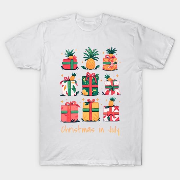 Summer Surprises | Christmas in July' Giftbox Galore T-Shirt T-Shirt by Indigo Lake